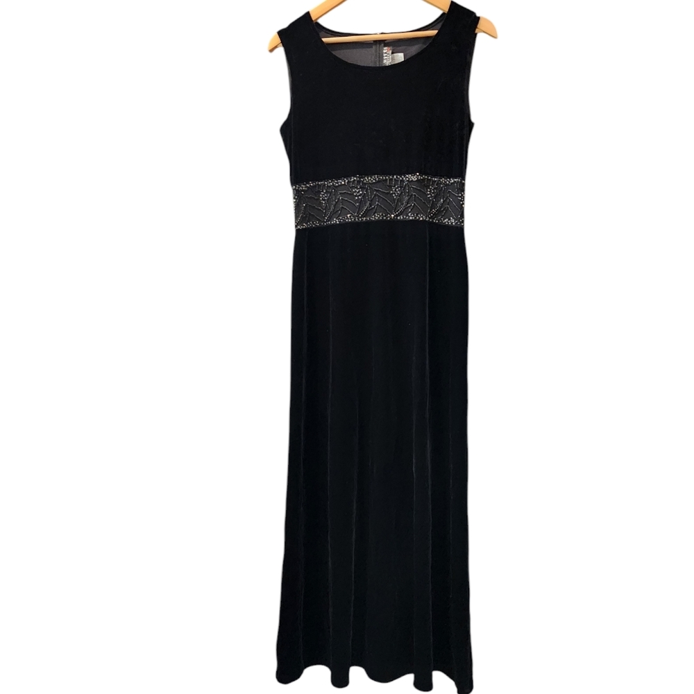 Vintage 90s Black Velvet Beaded Sheer Waist Maxi Dress Gown Event Witchy